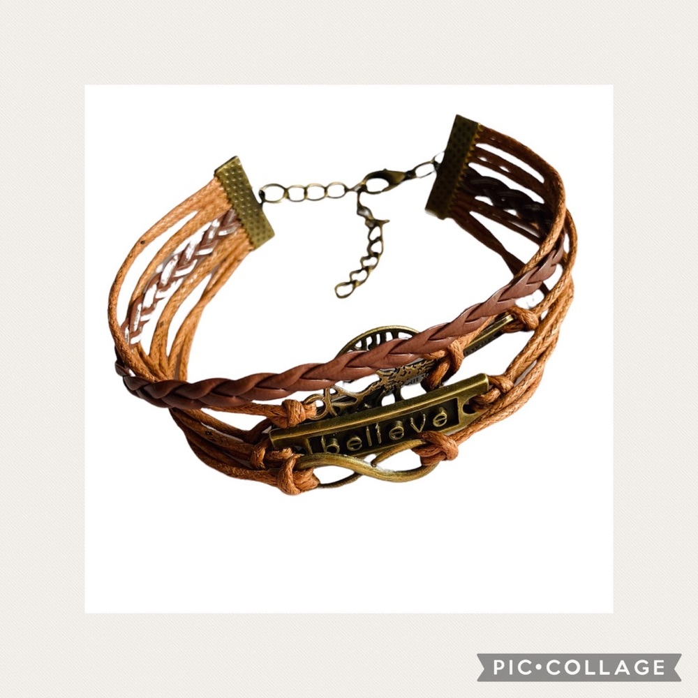 New “Believe” Brownish Tan Braided Leather Bracelet